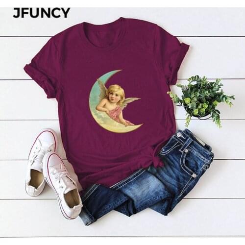 JFUNCY Lovely Angel Print Short Sleeve Womens T-shirt 100% Cotton T-shirts Women Summer Tee Shirts Woman Tops Plus Size T Shirt
