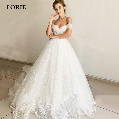 LORIE Boho Lace Wedding Dresses Off Shoulder Fairy Pearls Bride Gowns Beach Princess Soft Tulle Corset Wedding Party Gown