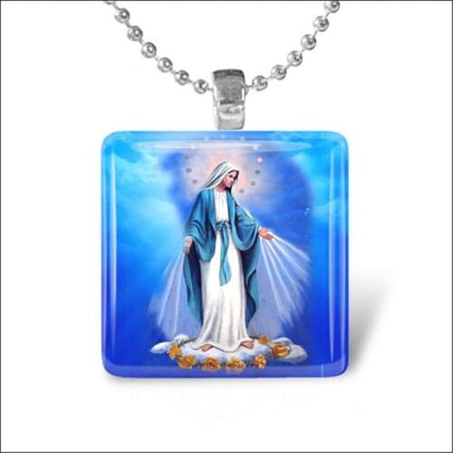 Mother of The Virgin Mary Square Glass Pendant Jesus Christian Jewelry Jesus Art Oil Painting Necklace Mens Gift