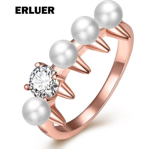 ERLUER Fashion Hot Sale Rings For Women Girls Simulated-pearl Crystal Engagement Wedding Finger Ring Jewelry Gift Bague Anel