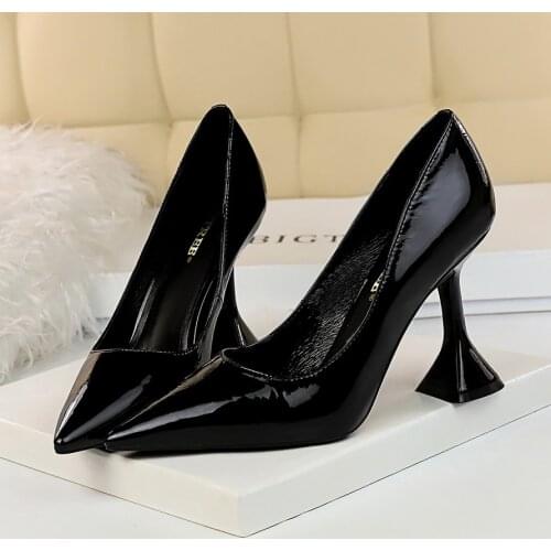 Patent leather pump Women fashion High Heels shoes shallow Pointed toe slides strange heel shoes zapatos de mujer black red nude