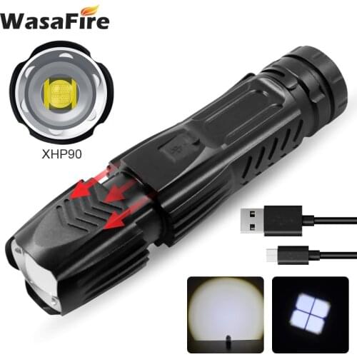 Powerful XHP90 LED Flashlight 2000LM USB Rechargeablue Torch Zoomable Lantern 5 Modes Camping Hunting Lamp use 18650 battery