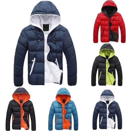 Men Winter Warm Color Block Zipper Hooded Cotton Padded Coat Slim Coat Fashion Thicken Outwear Down Jacket куртка мужская chaqu