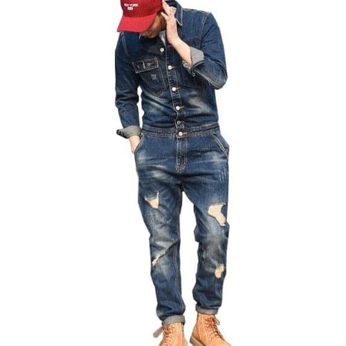 MORUANCLE Fashion Mens Ripped Denim Bib Overalls With Jackets Distressed Jeans Jumpsuits For Male Work Suit Stage Costumes