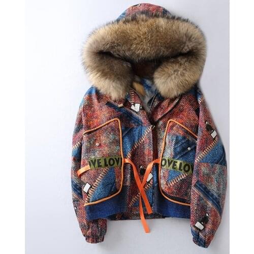 2018 New Real Fox Fur Coat Regular Women Winter Print Demin Outerwear Detachable White Duck Down Liner Real Fur Hooded Parkas