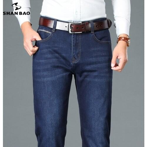 SHAN BAO 2021 autumn winter brand high quality fitted straight thick warm jeans classic business casual mens high waist jeans
