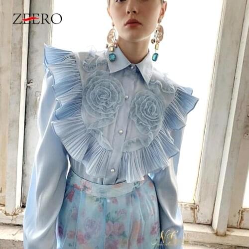 Autumn Spring Plus Size Three-Dimensional Lace Flower Patchwork Women Shirts Ladies Blue Pleated Ruffled Long Sleeve Top Blouses