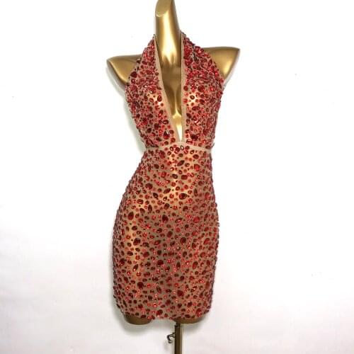 Red Stones Backless Dress Female Singer Evening Celebrate Sexy Mesh Costumes Birthday Dance Outfit Crystals Clothing