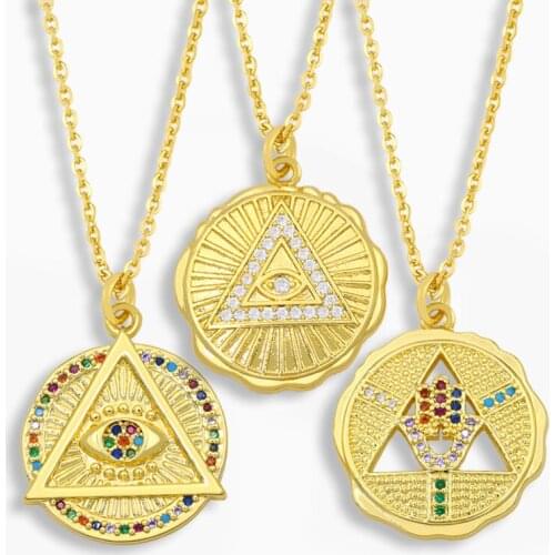 Gold Plated Round Evil Eye Necklace Multicolor CZ Pave Rhinestone Hamsa Hand Pendant Necklace Geometric wholesale Jewelry nket86