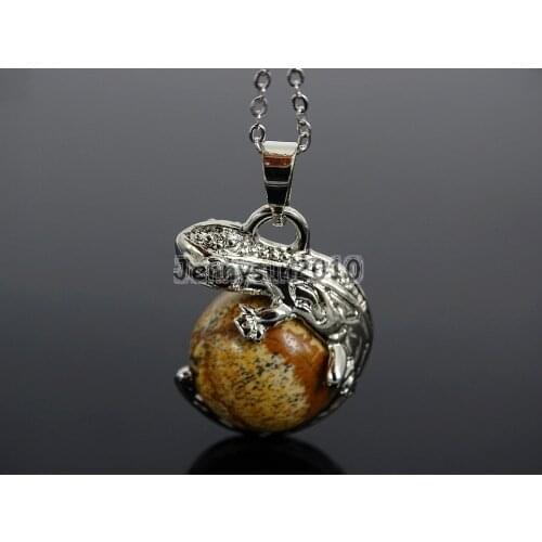Natural Picture Jas-per Gem Stone Round Ball Chakra Lizard Pendant Necklace Beads Healing Jewelry Design 10Pcs/Pack
