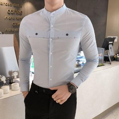 Early Collarless 2020 White Shirt Mens Long Sleeve Formal Dress Shirt Men Round Neck Slim Casual British Shirt Vetement Homme