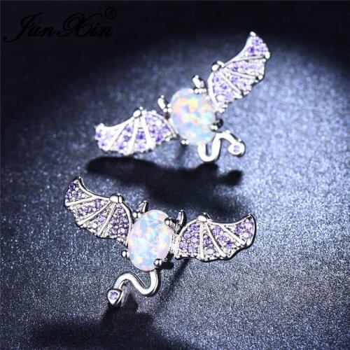 JUNXIN Cute Bat Stud Earrings For Women Silver Color Oval White Fire Opal Earrings Purple Zircon Studded Earrings