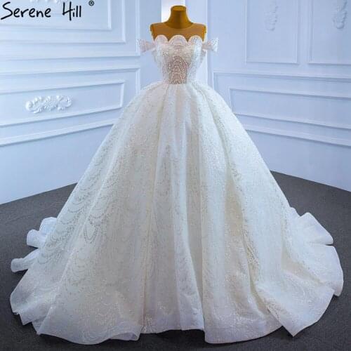 Serene Hill Luxury White Princess Wedding Dresses 2021 Beading O-Neck High-end Lace Up Bridal Dress HM67239