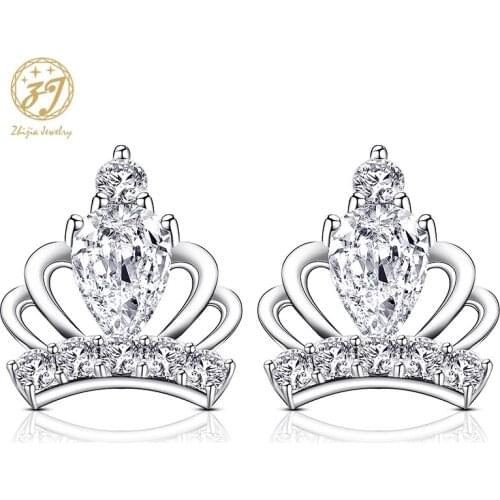 Zhijia silver color crystal rhinestone zircon earrings luxury crown design stud earrings for women party jewelry gifts