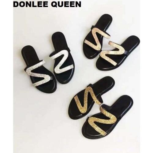 Plus Size 36-41 Slide Slippers Women Rhinestone Shoes Open Toe Roman Beach Sandals ladies Flat Casual Flip Flops Non-slip Slides