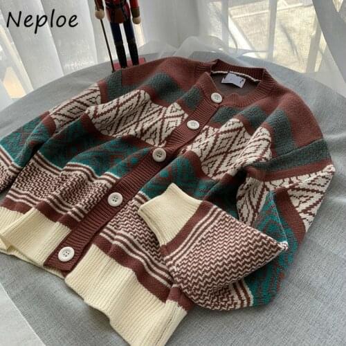 Neploe Retro Panelled Stitching Sweater Geometric Pattern All-match Knitted Cardigan 2021 Casual Soft O-Neck Chic Button Coat