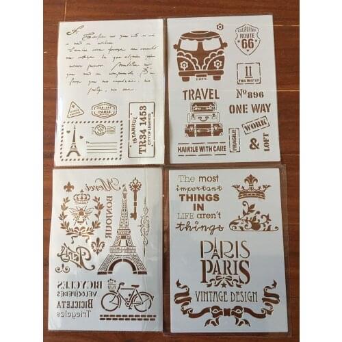 4pcs / set A4 Eiffel Tower bus Stencils Painting Coloring Embossing Scrapbook Album Decorative Template