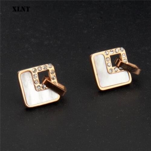 XLNT New Geometric Square Crystal Stud Earrings For Women Fashion Rose Gold Color Earring Party Jewelry Accessories Brincos