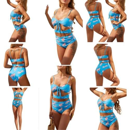Women Split Swimsuit Set, Animal Print Hollow Out Deep V-neck Bikini + High Waist Panties for Summer
