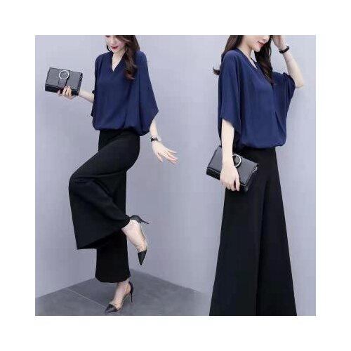 Plus size summer women 2 piece set top and pants chiffon top wide-leg pants set casual fashion ensemble femme survetement