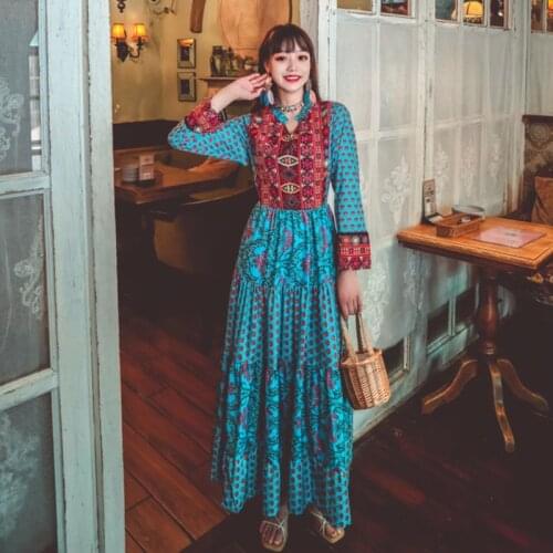 Long Sleeve Embroidery Maxi Dress For Women 2021 Fall Elegant Colorful Floral Causal Muslim Indian Dress Turkey Arabic Clothing