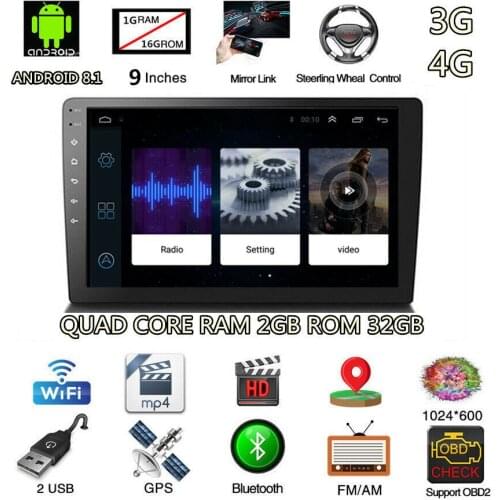 9 inch 2DIN Android 8.1 Quad-core RAM 2GB ROM 32GB Car Stereo Radio GPS Wifi 3G4G BT Car Multimedia Player Auto radio