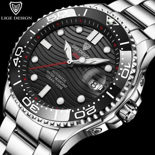 2021 LIGE Business Mechanical Mens Watches Top Brand Luxury 100M Waterproof Clock Diving Automatic Date Stainless Steel Watches