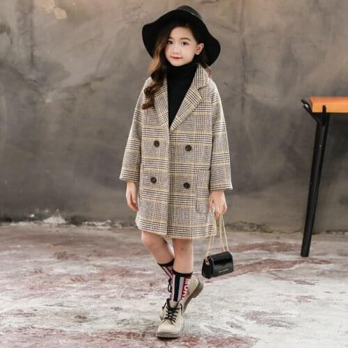 Kids Girl Autumn/Winter Thick Woolen Jackets Fashion Plaid Kids V-Neck Double breasted Outerwear Teens Clothes For Girls Coats
