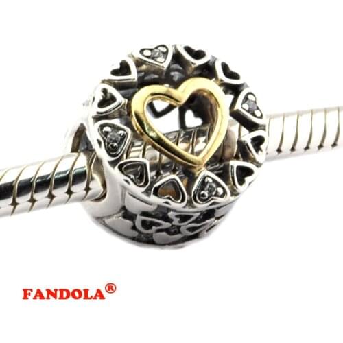 DIY Fits for Pandora Beads Bracelets 100% 925 Sterling Silver Jewelry Gold Loving Circle Charms with Clear CZ Free Shipping