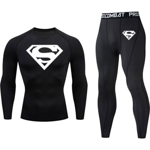 Long Mens Running Tights Summer 2 Piece Tracksuit Sweat Gym Clothing rashgard Male T-shirt Compression MMA Jogging suits