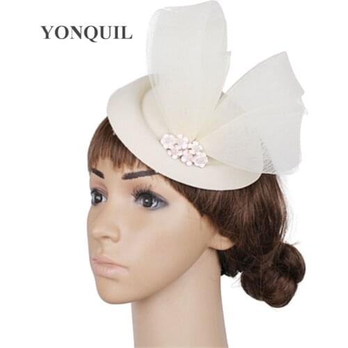 Girls Beautiful Ivory Fedora Loops Hats Elegant Ladies Wedding Fascinators Felt Wool Headbands Wedding Race Headdress SYF279