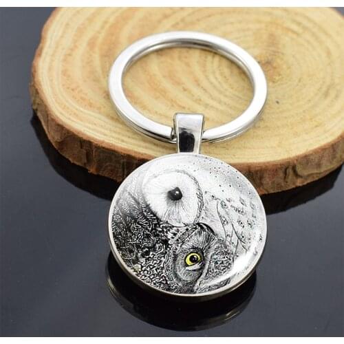 Yin Yang Key Chains Yin Yang Owl Double Side Glass Cabochon Pendant Keychain Yin Yang Jewelry
