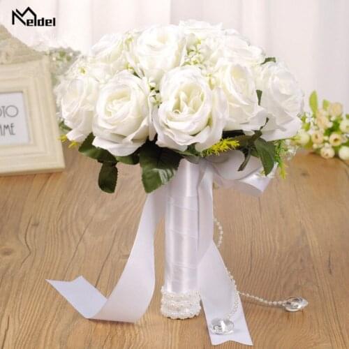 Meldel Artificial Rose White Wedding Bridal Bouquet Holder Ribbon Pearl Wedding Bouquet for Bridesmaid Fake Rose Bouquet Mariage
