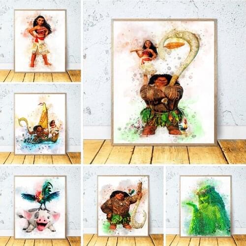 Disney Moana Canvas Painting Maui Pua Hei Hei TeFiti Watercolor Poster Wall Art Picture for Living Kids Room Home Decor Cuadros