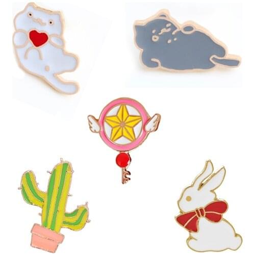 Fashion Cartoon Cute Cat Rabbit Cactus Brooch Pins For Men Women Hat Sweater Jackets Collar Bag Decoration Gift Anime Jewelry