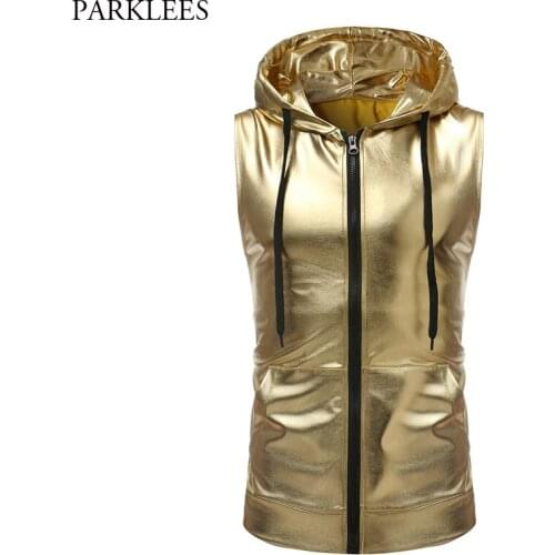 Mens Gold Metallic Zip Up Sleeveless Hooded Vest T Shirt 2019 Fashion Hip Hop Shiny Nightclub Stage Tshirt With Kangaroo Pocket