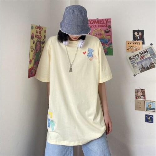 2021 summer new short-sleeved t-shirt female Korean embroidered plaid bear loose trend short-sleeved mid-length top