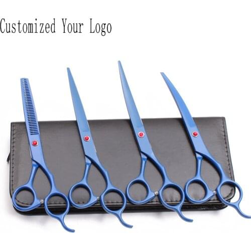 7" Engraving Logo Blue Stainless Dog Grooming Scissors Cutting Scissors Thinning Shears Up&Down Curved Scissors Pet Shears C3100