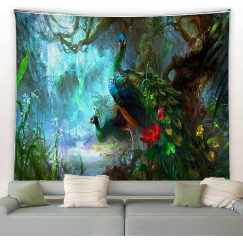 Peacocks Tapestry Psychedelic Forest Wall Hanging Large Tapestries Boho Background Cloth Living Room Bedroom Home Decor Blanket