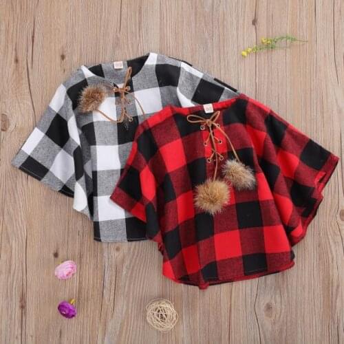 2020 Autumn Winter Infant Plaid Cloak Fur Ball Strap Decoration Cloak Jacket Coats Plaid Print Pullovet Tops