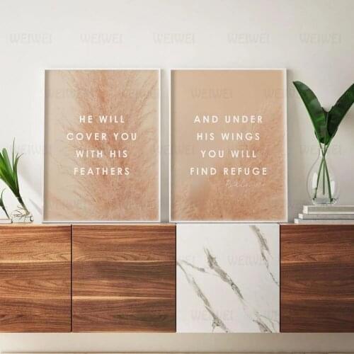 Bible Verse Canvas Painting Psalm 91:4 Posters and Prints Pampass Grass Scripture Home Decoration Christian Quotes Wall Art