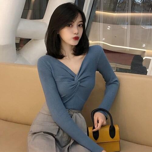 Zoki Pullover Cross V Neck Sweater Autumn Long Sleeve Slim Elastic Soft Knitted Jumper Fashion 2020 Elegant Female Basic Blouse