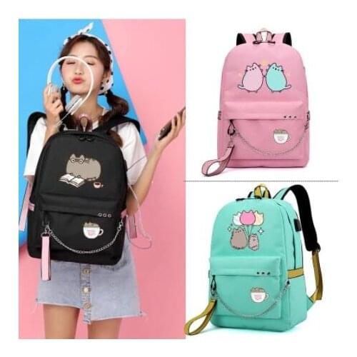 Kawaii Fat Cat Reading Book USB Port Backpack With USB Charging Chain Headphone Port School Bags Travel Book Laptop Cartoon