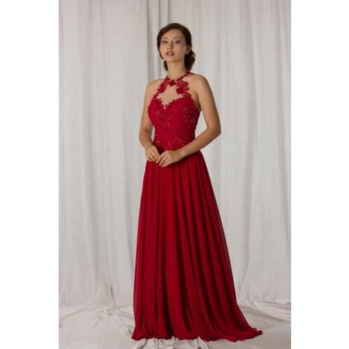 SHECCA (63012) red lace chiffon dress engagement dress lace detailed evening dress red evening dress