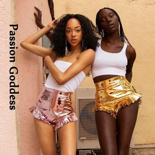 Street Women Glossy Sliver Pink Gold Shorts High Waist Ruffles Ruched Minimalist Shorts Summer Party Club Mini Shorts Femininos