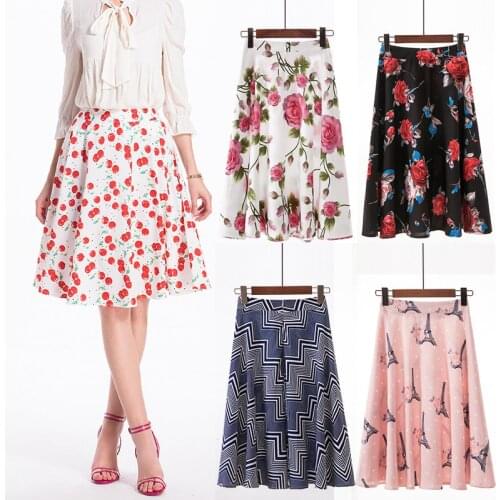 Womens Fashion High Waist Runway Pleated Skirt Knee Length Skirts Retro Vintage Print Pleated Skirts