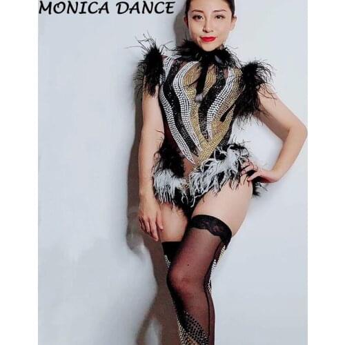 Women Glisten Rhinestones Mesh Bodysuit Leggings Black White Feather Outfit Nightclub Birthday Performance Outfit Party Wear
