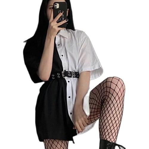 Womens Black And White Patchwork Button Loose Solid Streetwear Gothic Short Sleeve Tops Mini Dress