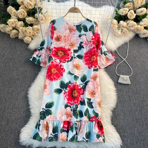 2021 New Spring Summer Women Loose Mini Dress High Quality Sweet Flowers Print Speaker Sleeve Ruffles Mermaid Dress