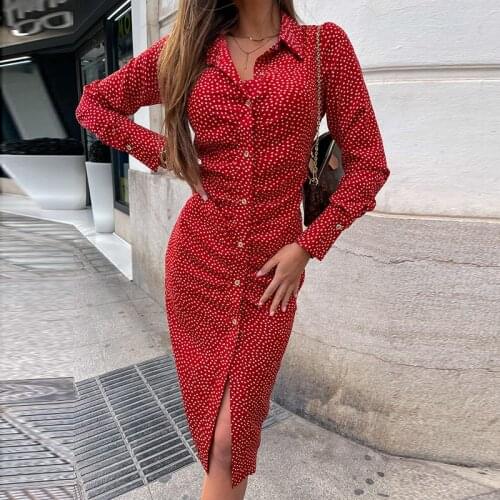 Autumn Winter Long Sleeve Midi Dress Robe for Women Red Print Button Up Long Dress Slit Bodycon Vintage Dress Elegant 2021 New